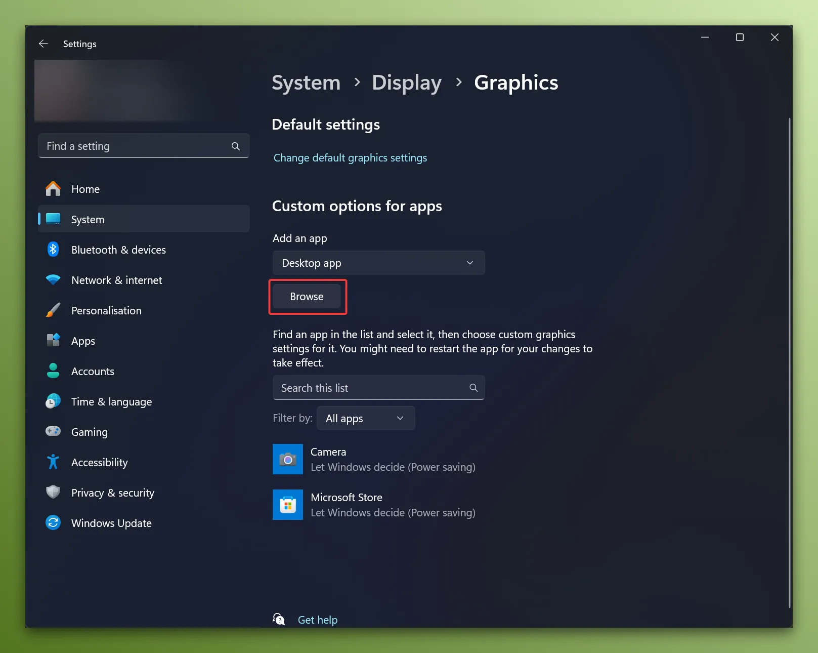 Windows 10 Graphics Settings Browse